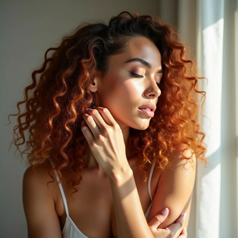 Mulher ruiva finalizando os cabelos com óleo capilar