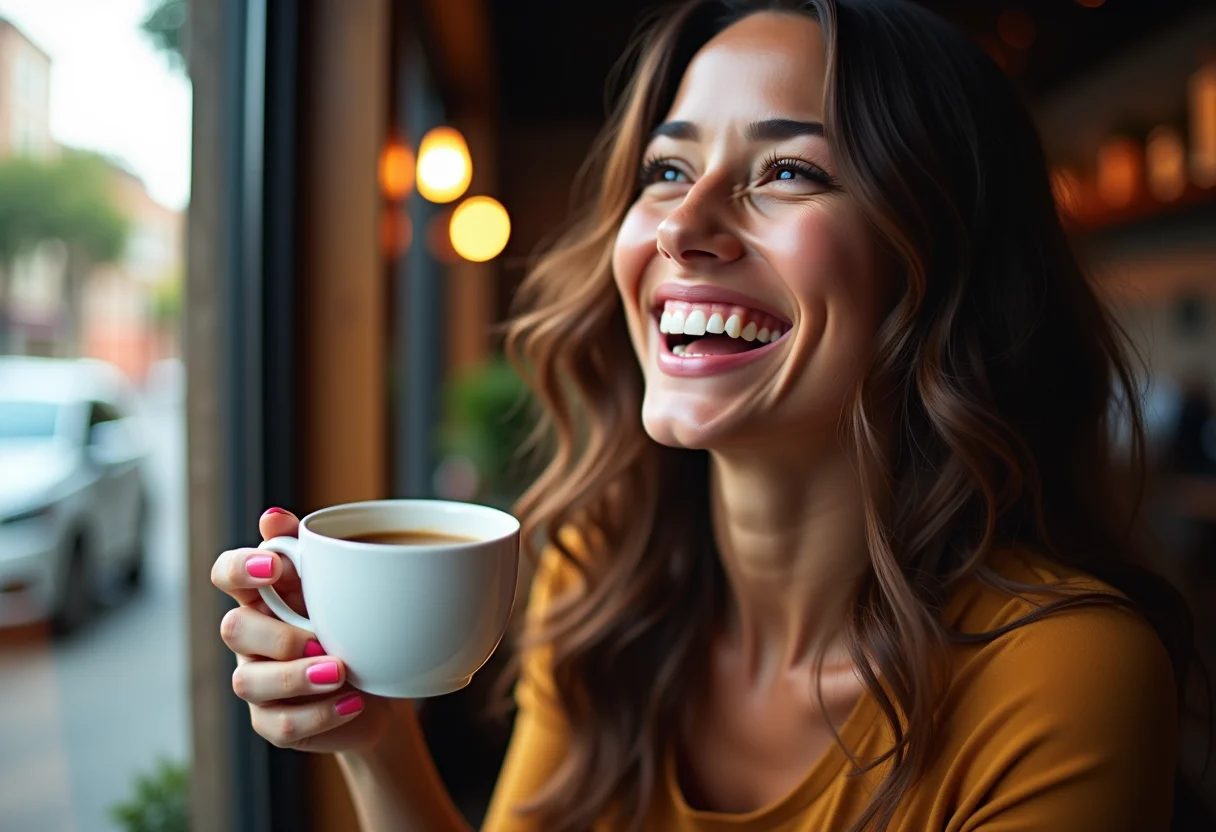 Mulher sorrindo em cafeteria com cabelo brilhante