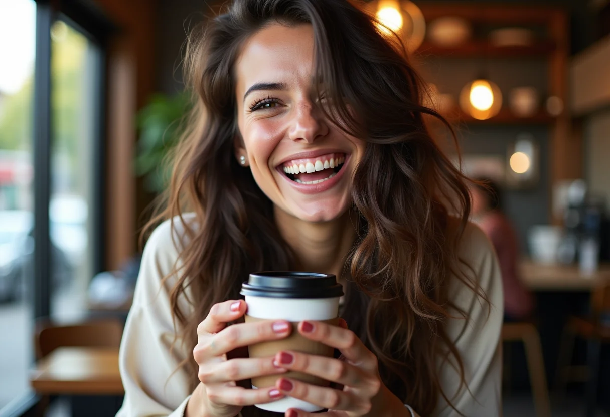 Mulher sorrindo em cafeteria com cabelo ondulado e brilhante.