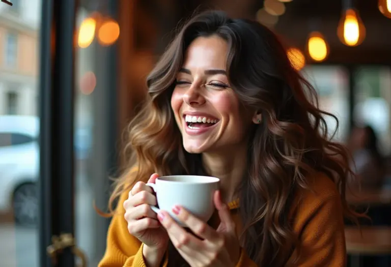 Mulher sorrindo em cafeteria com cabelo reconstruído e brilhante