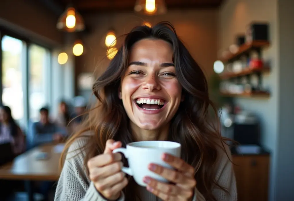 Mulher sorrindo em cafeteria com cabelo saudável