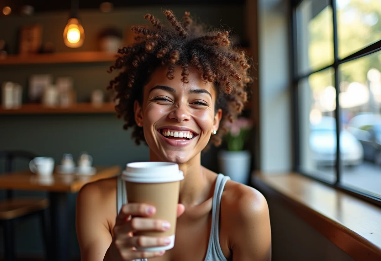 Mulher sorrindo em cafeteria com undercut