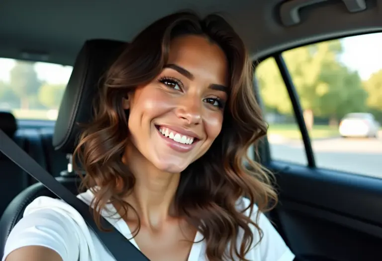 Mulher sorrindo no carro, conferindo o cabelo no espelho retrovisor