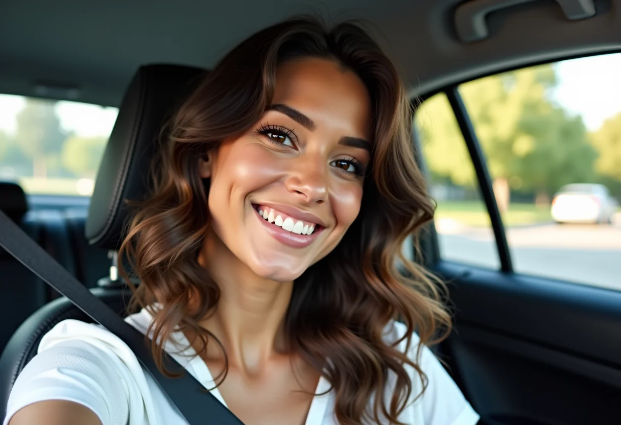 Mulher sorrindo no carro, conferindo o cabelo no espelho retrovisor