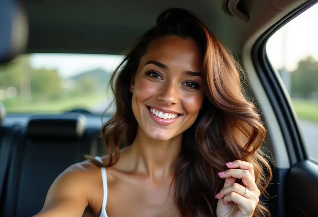 Mulher sorrindo no carro, conferindo o cabelo no espelho retrovisor.