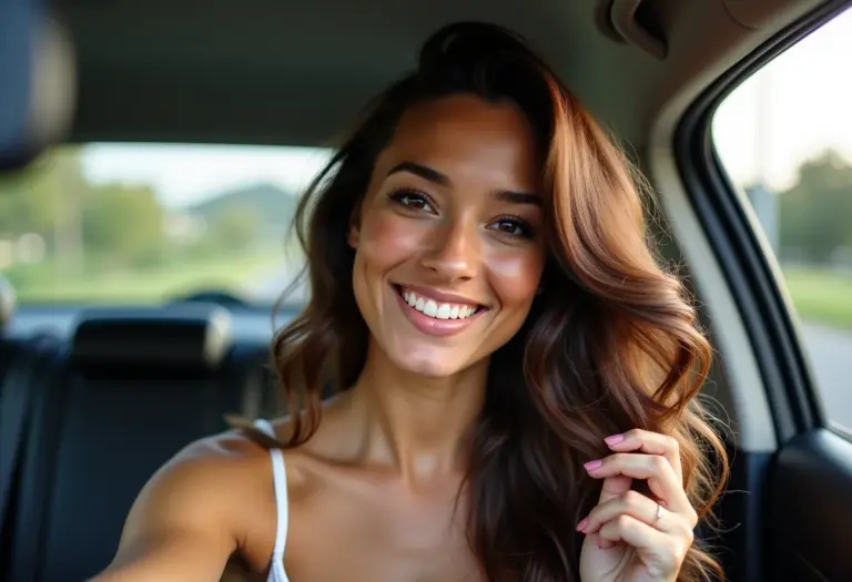 Mulher sorrindo no carro, conferindo o cabelo no espelho retrovisor.