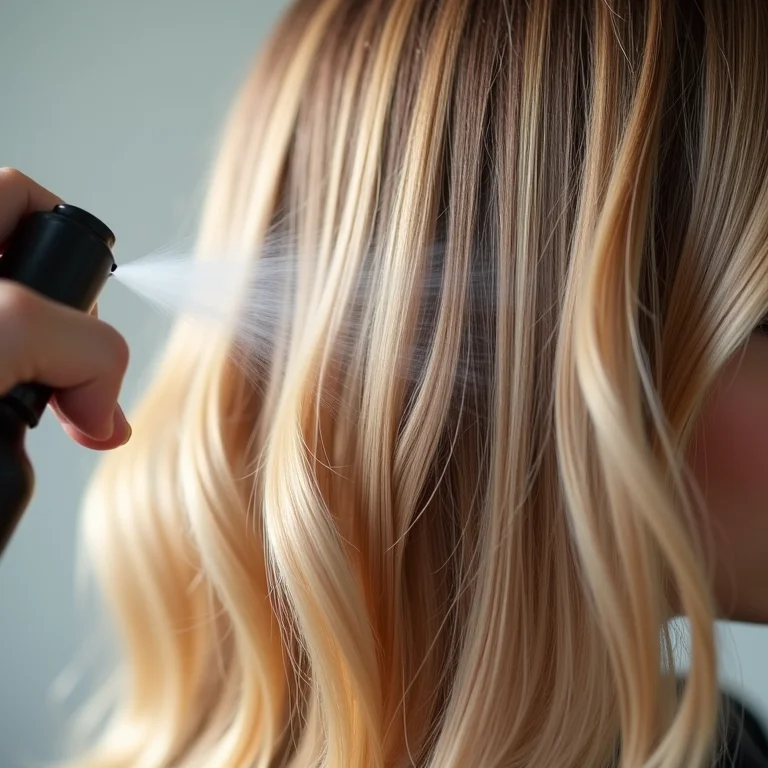 Protetor térmico sendo aplicado em cabelo loiro