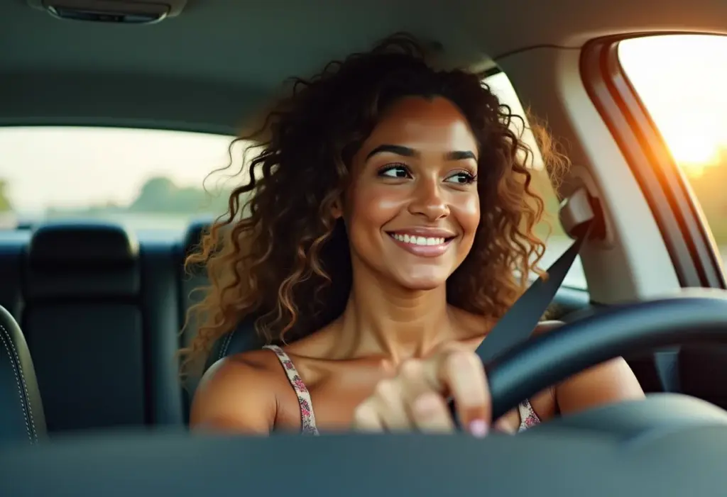 Selfie de mulher brasileira no carro exibindo cachos perfeitos após usar modelador automático.