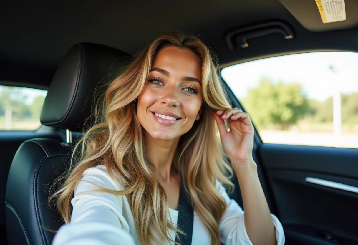 Selfie de mulher no carro conferindo o cabelo loiro e ondulado.