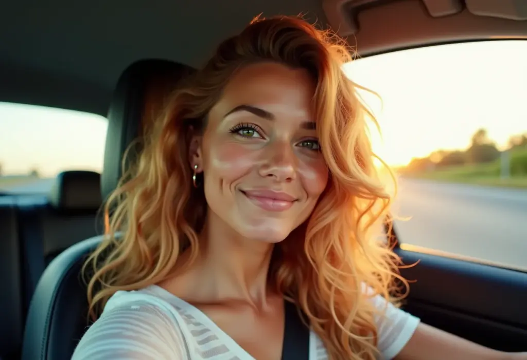 Selfie no carro de mulher brasileira com cabelo loiro morango