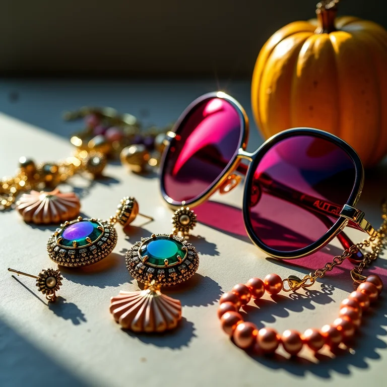 Acessórios de moda ousados dispostos artisticamente.