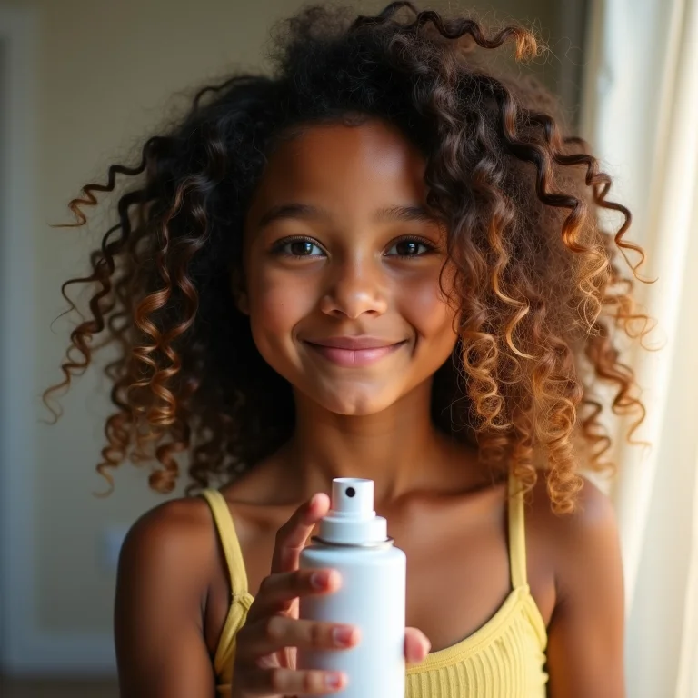 Adolescente em transição capilar usando spray fixador