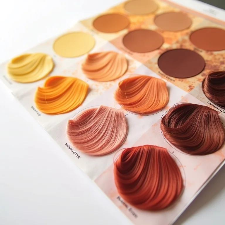 Amostras de cores de cabelo em fundo branco, tons quentes.