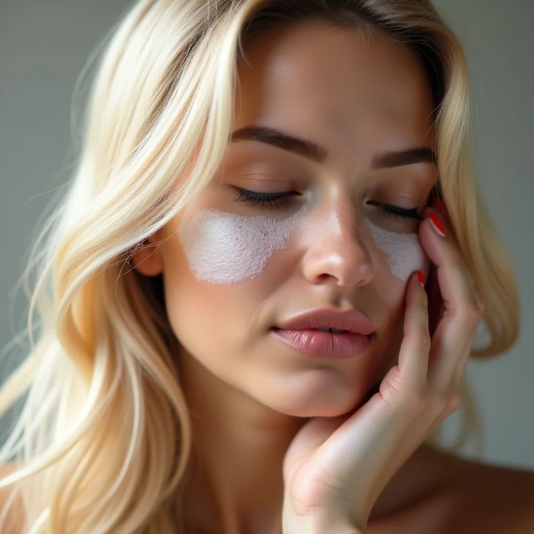 Aplicação de máscara capilar em cabelo loiro.