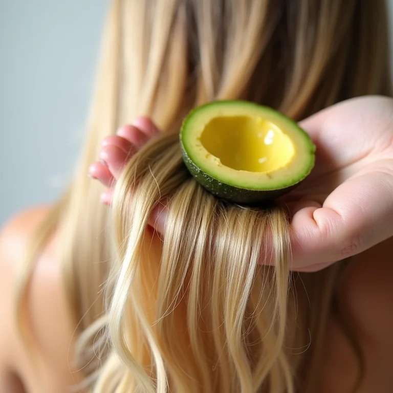 Aplicação de máscara de óleo de abacate em cabelo loiro ondulado.