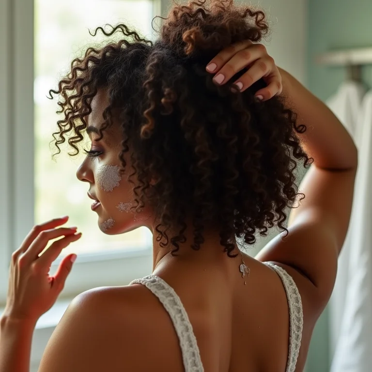 Aplicação de máscara de tratamento vegana em cabelos cacheados