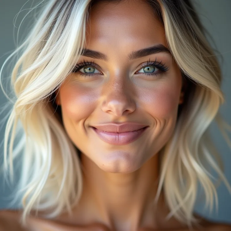 Balayage loiro platinado em mulher sorrindo