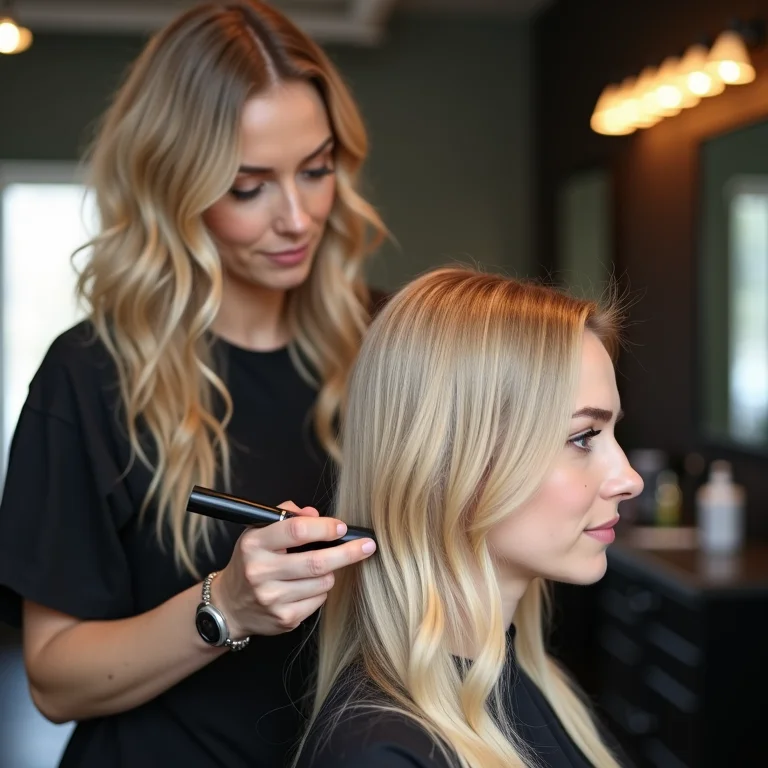 Cabeleireiro aplicando tonalizante em cabelo loiro