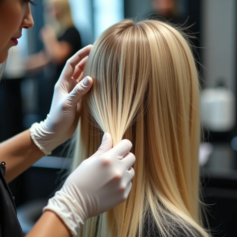 Cabeleireiro aplicando tratamento de reconstrução em cabelo loiro danificado.