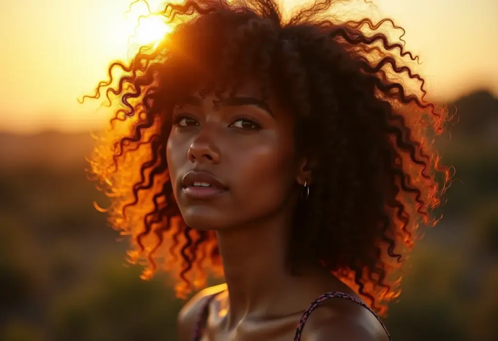 Cabelo cacheado 3B iluminado pelo sol da tarde