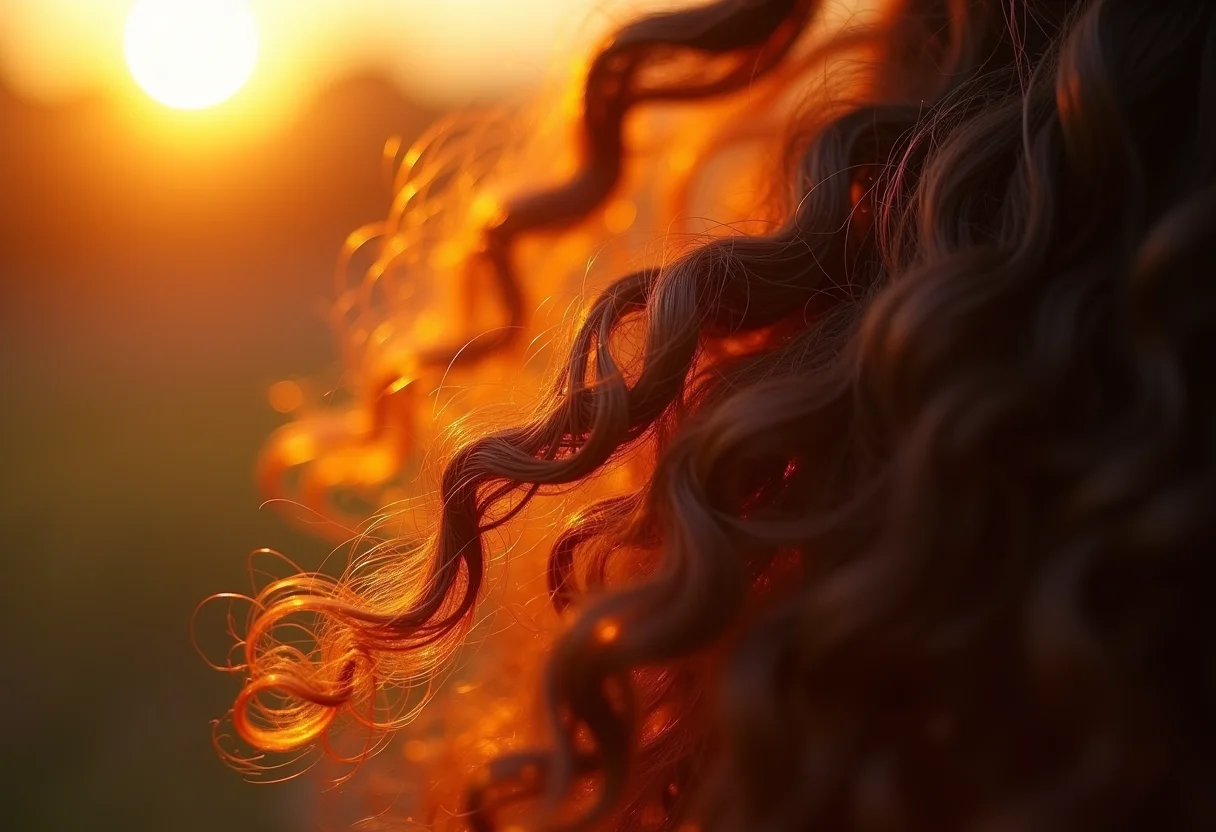 Cabelo cacheado com frizz natural iluminado pelo sol da tarde