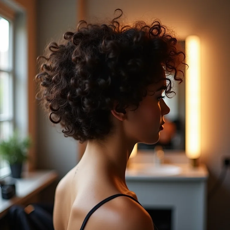 Cabelo cacheado curto finalizado com difusor após protetor térmico