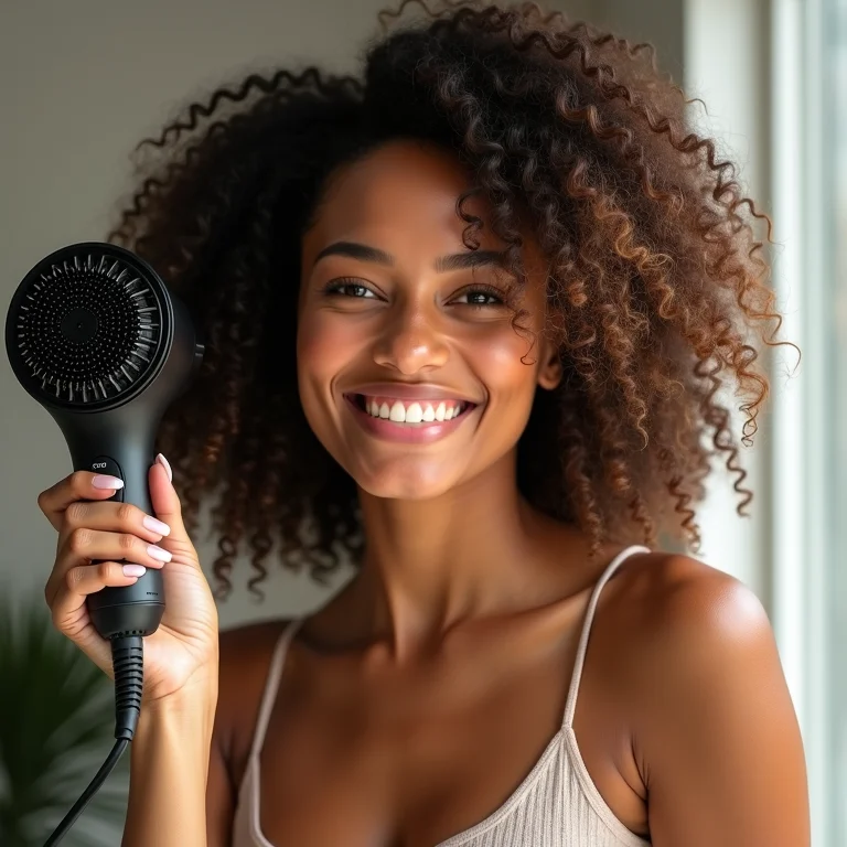 Cabelo cacheado sendo seco com difusor