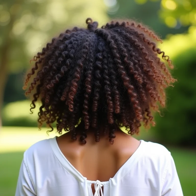 Cabelo cacheado tipo 3B com umectação, visto de costas