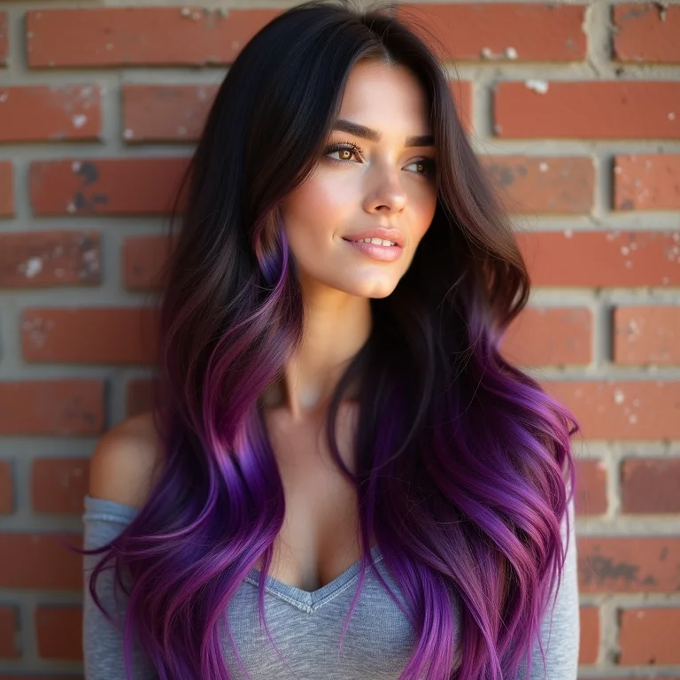 Cabelo castanho com mechas roxas vibrantes