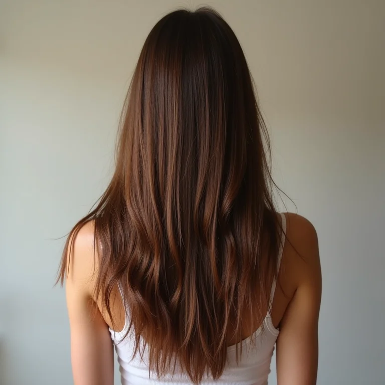 Cabelo castanho com tom desigual e desbotado.