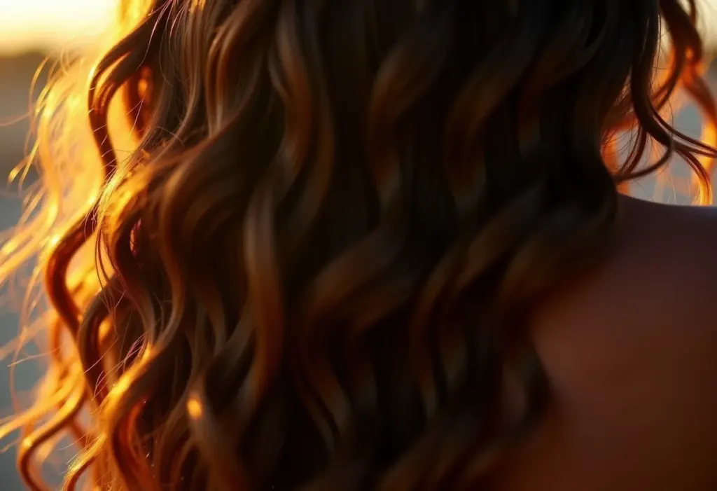 Cabelo castanho ondulado com frizz natural iluminado pela luz do sol