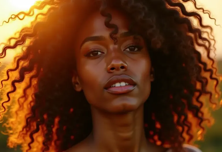 Cabelo crespo 4C com frizz natural iluminado pelo sol da tarde.