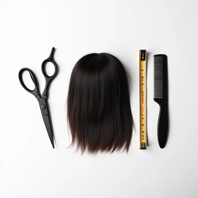 Cabelo hime recém cortado com ferramentas de cabeleireiro.