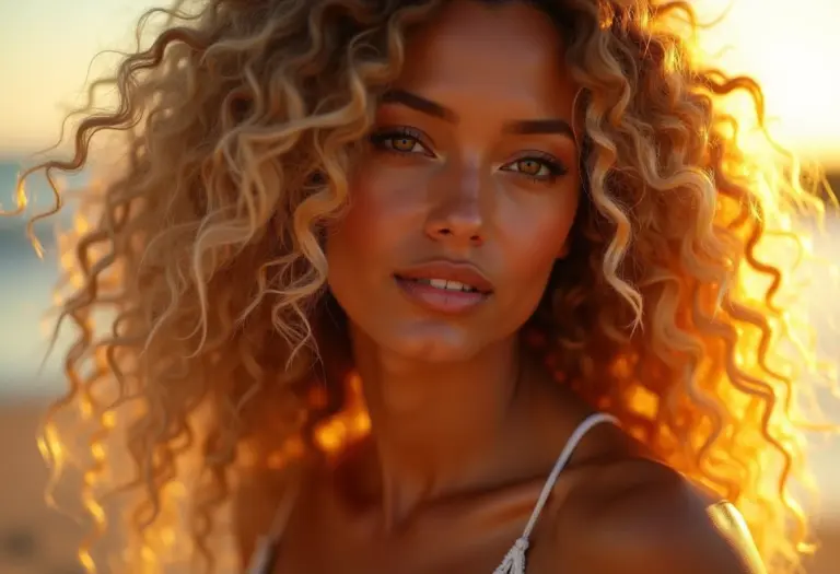 Cabelo loiro cacheado com frizz natural e textura sob a luz do sol