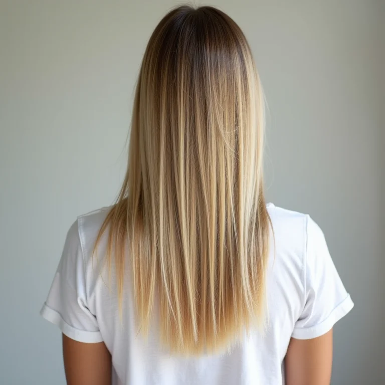 Cabelo loiro danificado com quebra e pontas duplas visto de trás.