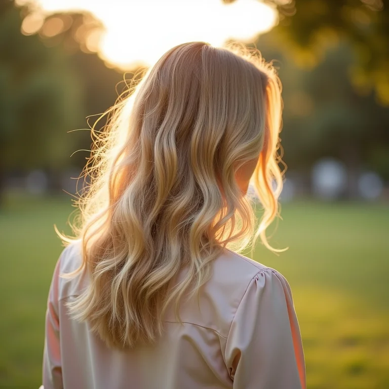 Cabelo loiro ondulado brilhando ao sol