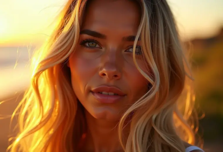 Cabelo loiro ondulado com textura natural e frizz sob a luz do sol.