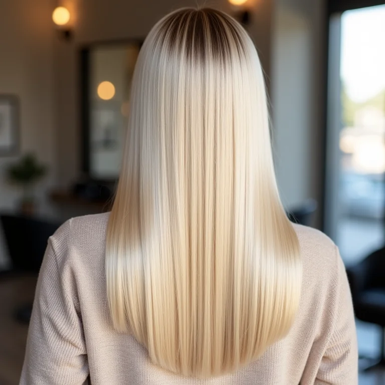 Cabelo loiro reto e matizado visto de costas