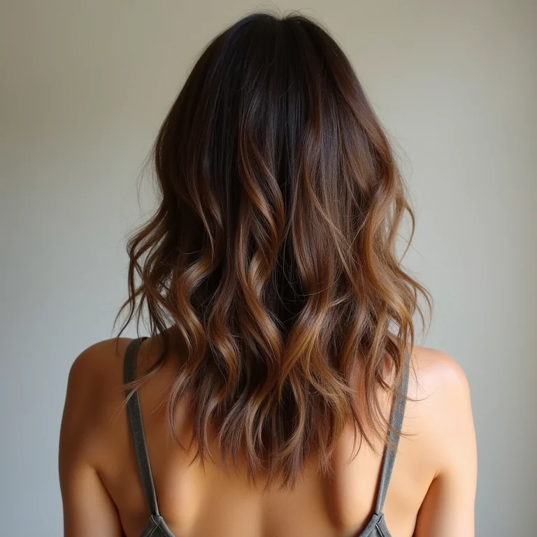 Cabelo ondulado e brilhante após hidratação vegana, visto de costas