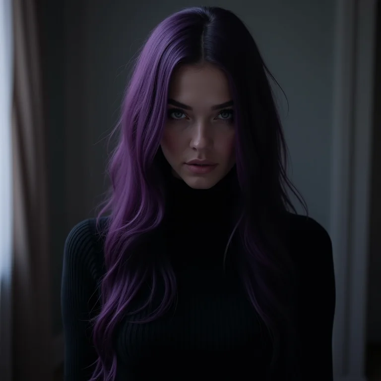 Cabelo roxo escuro com suéter preto em ambiente misterioso
