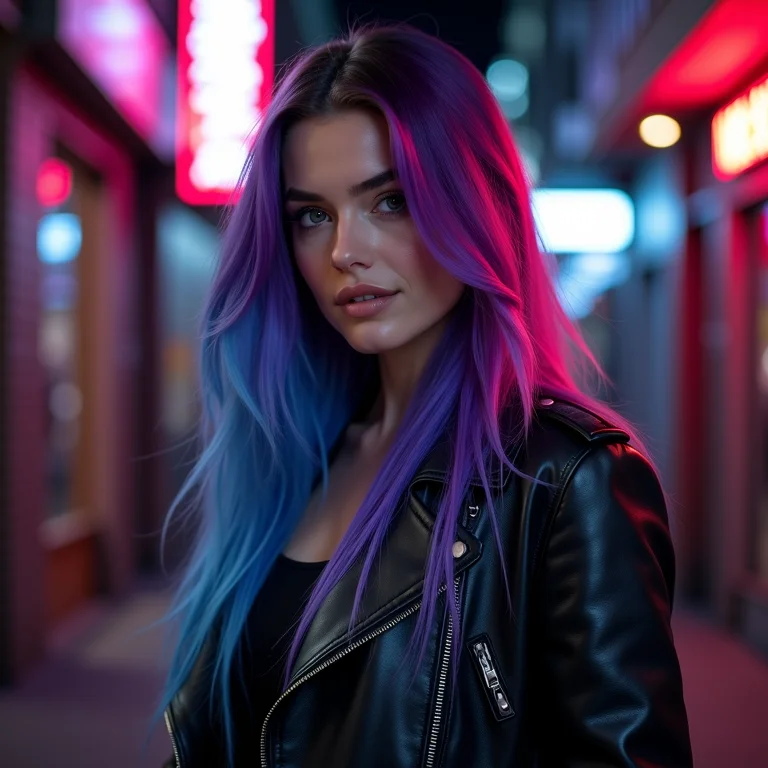 Cabelo roxo fantasia com jaqueta de couro em beco urbano