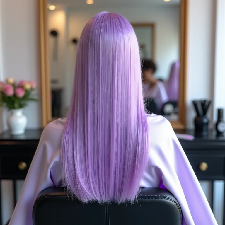 Cabelo roxo pastel visto de costas em salão de beleza