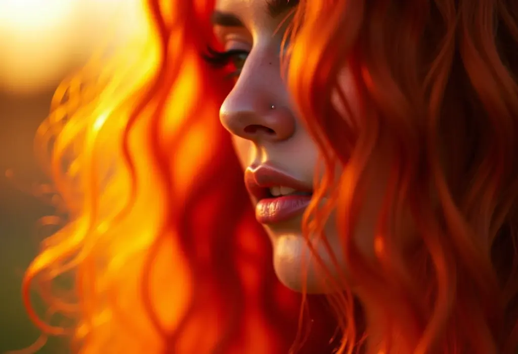 Cabelo ruivo vibrante com textura natural sob a luz do sol