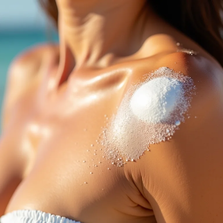 Close-up da aplicação de protetor solar mineral em pele bronzeada.