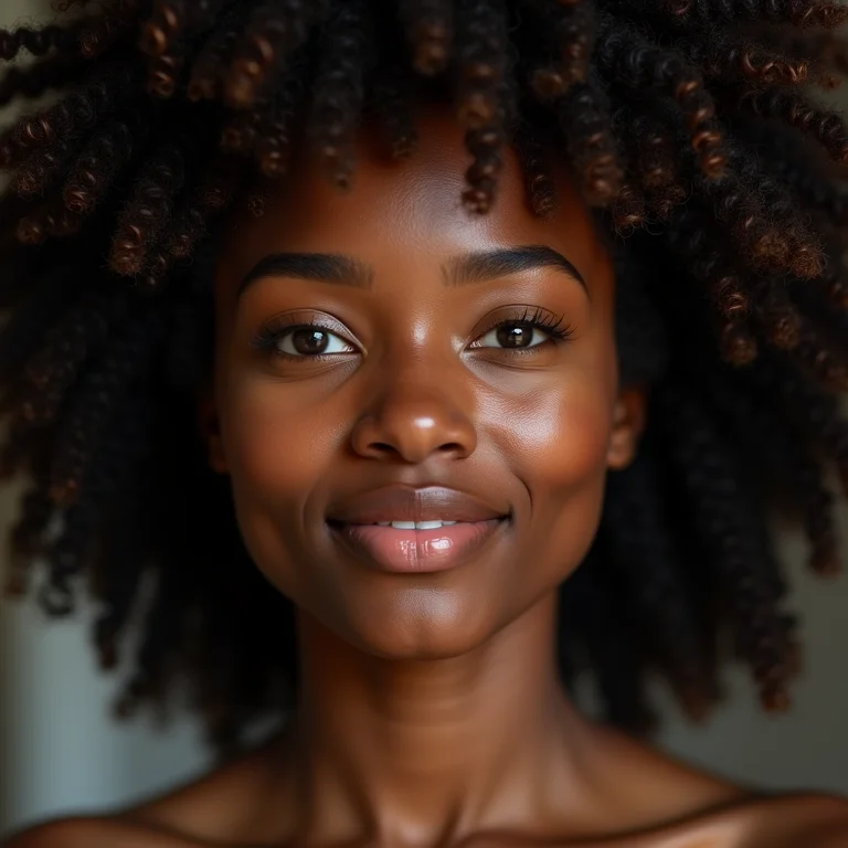 Close-up de cabelo crespo tipo 4C com brilho natural.
