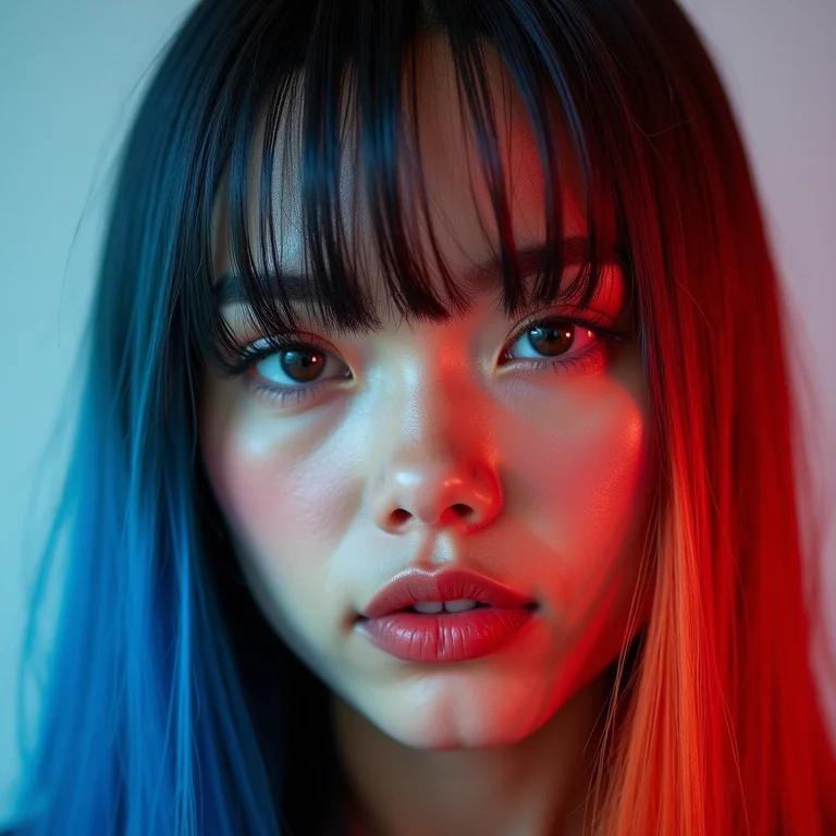 Close-up de cabelo preto dividido em tons frios (azul) e quentes (vermelho)