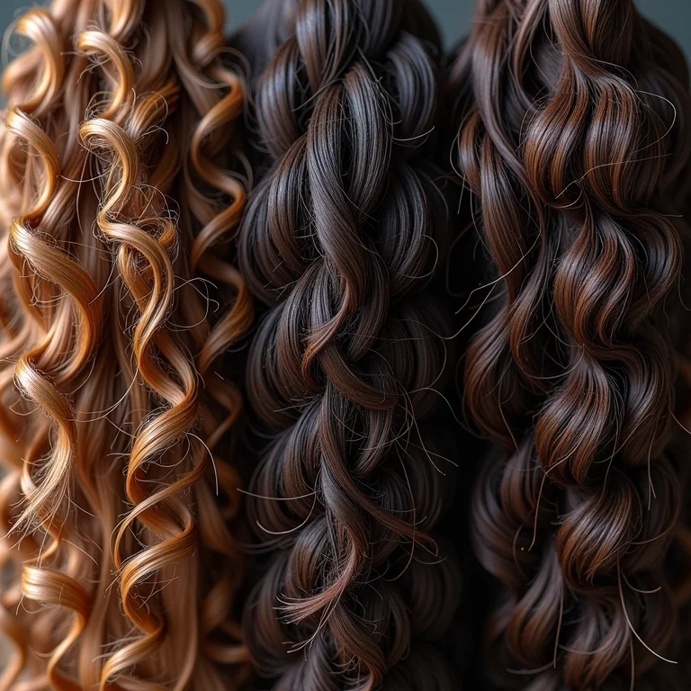 Close-up de diferentes texturas de cabelo: crespo, ondulado e liso.