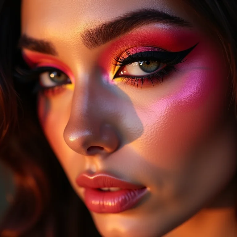 Close-up de maquiagem ousada com delineador gráfico e sombra vibrante.
