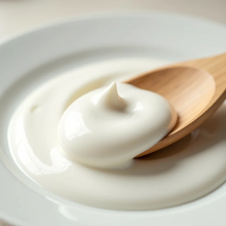 Close-up de máscara capilar branca sendo retirada com colher de madeira.