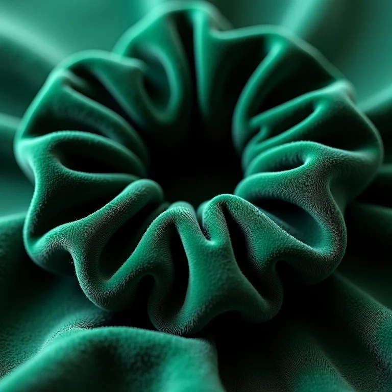Close-up de uma scrunchie de veludo verde escuro